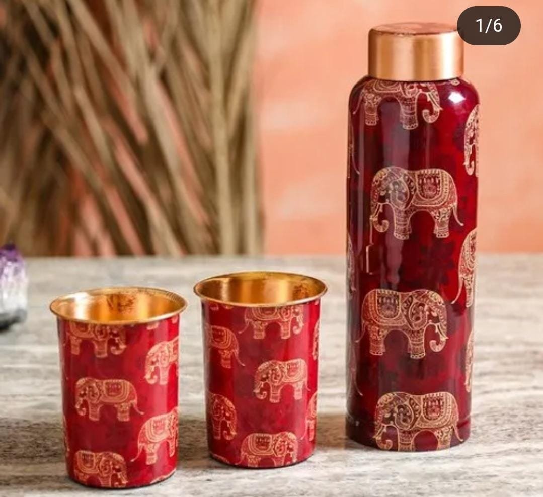 Copper Bottle + 2 Glasses Gift Set (Elephant Print)