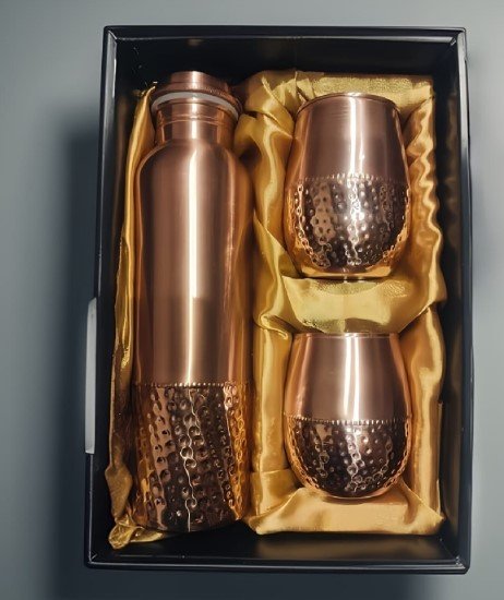Copper Bottle + 2 Glasses Gift Set (Plain Hammered)