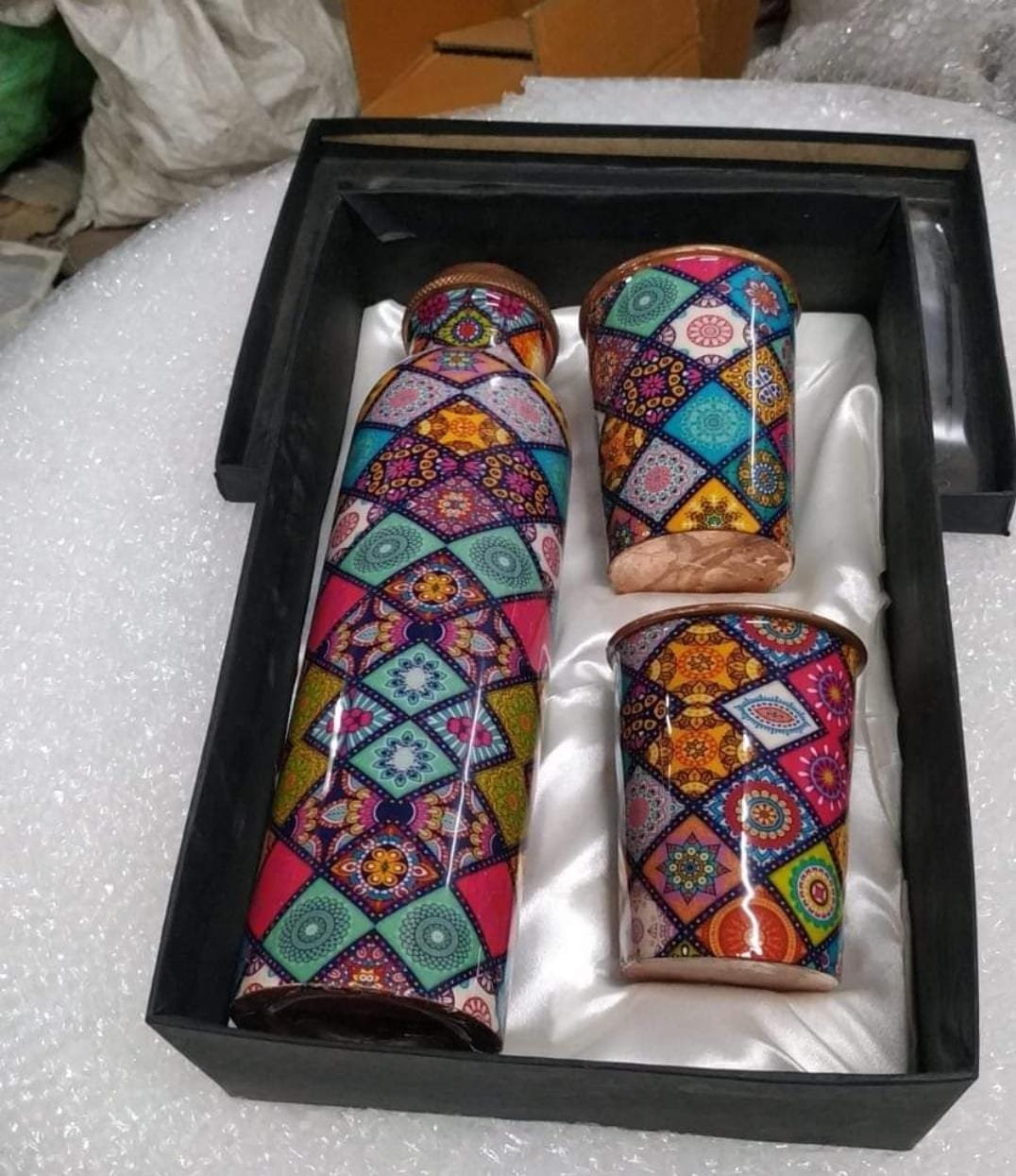 Multicolor Printed Copper Bottle + Glass Set