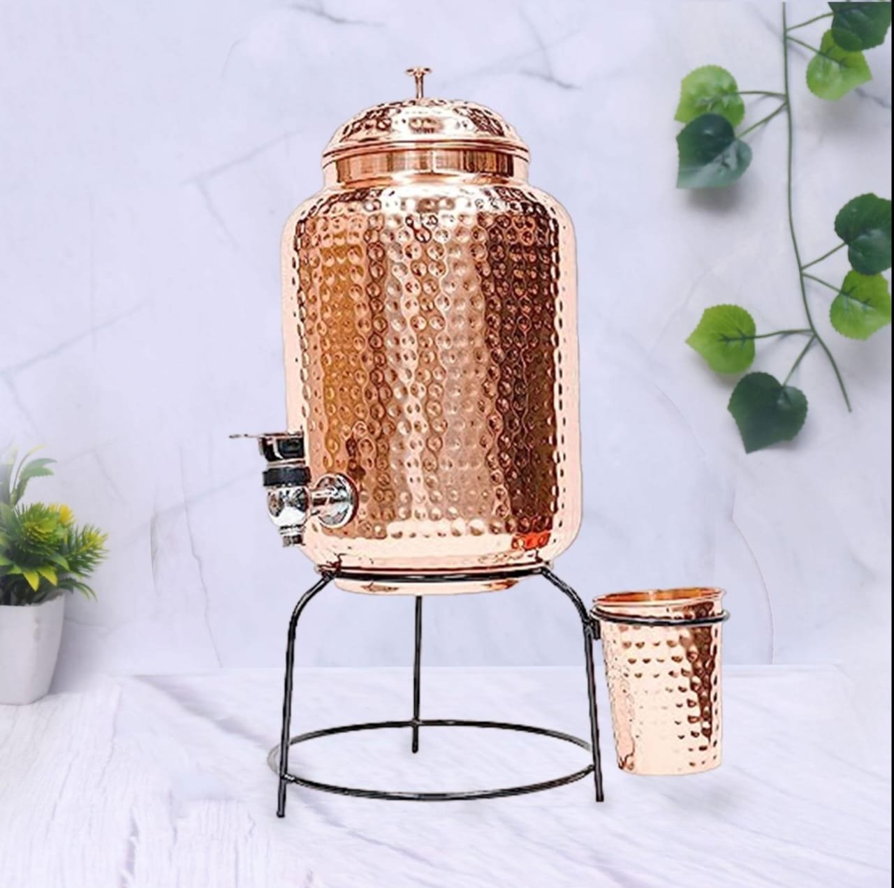 Copper Water Dispenser with Stand + Glass