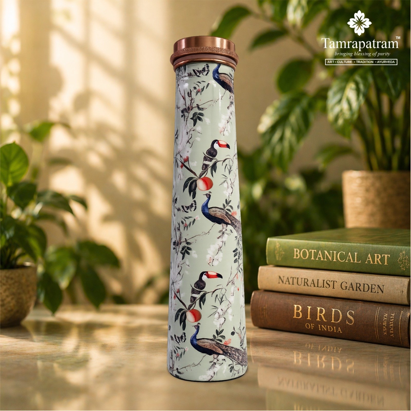 White Meena Printed Antique Tower Copper Water Bottle | Pure Copper Designer Bottle | Leakproof, Durable & Elegant | Ayurvedic Wellness Drinkware