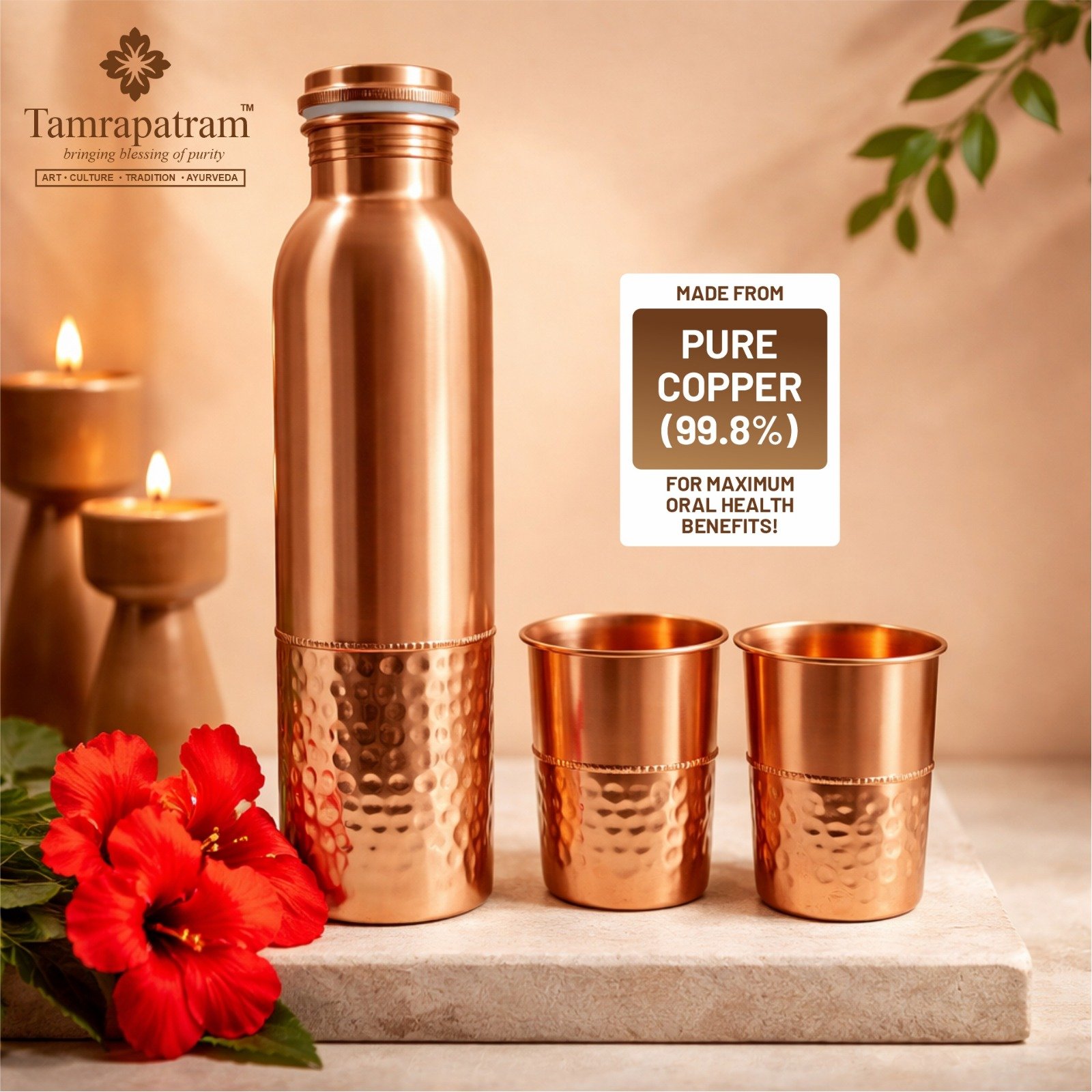 Half Hammered Copper Water Bottle 950ml with 2 Copper Glasses 300ml Each image 3