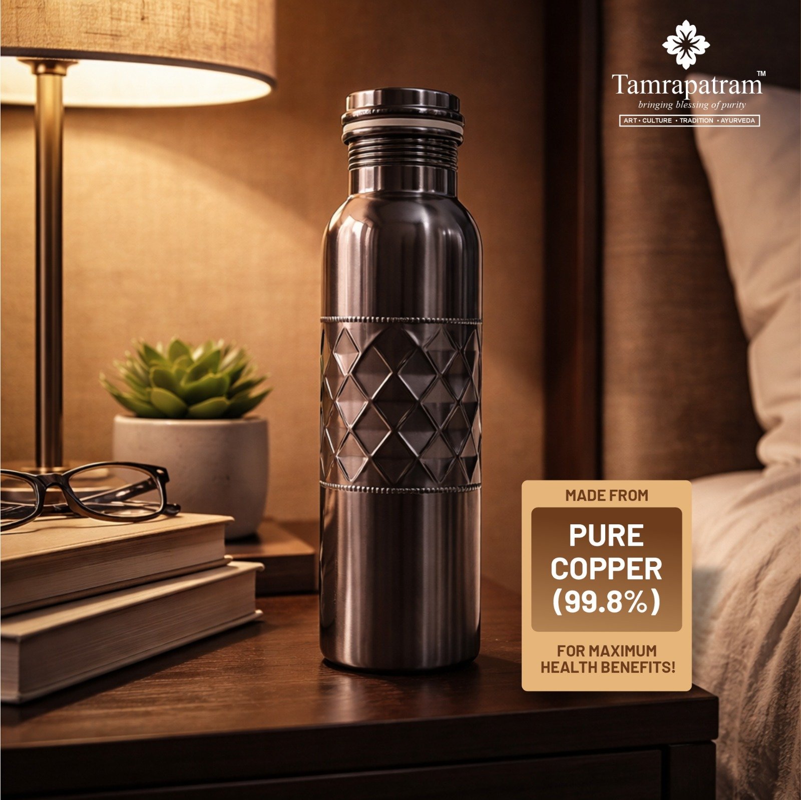 Matte Diamond Design Copper Water Bottle 750ml | Pure Copper Bottle | image 2