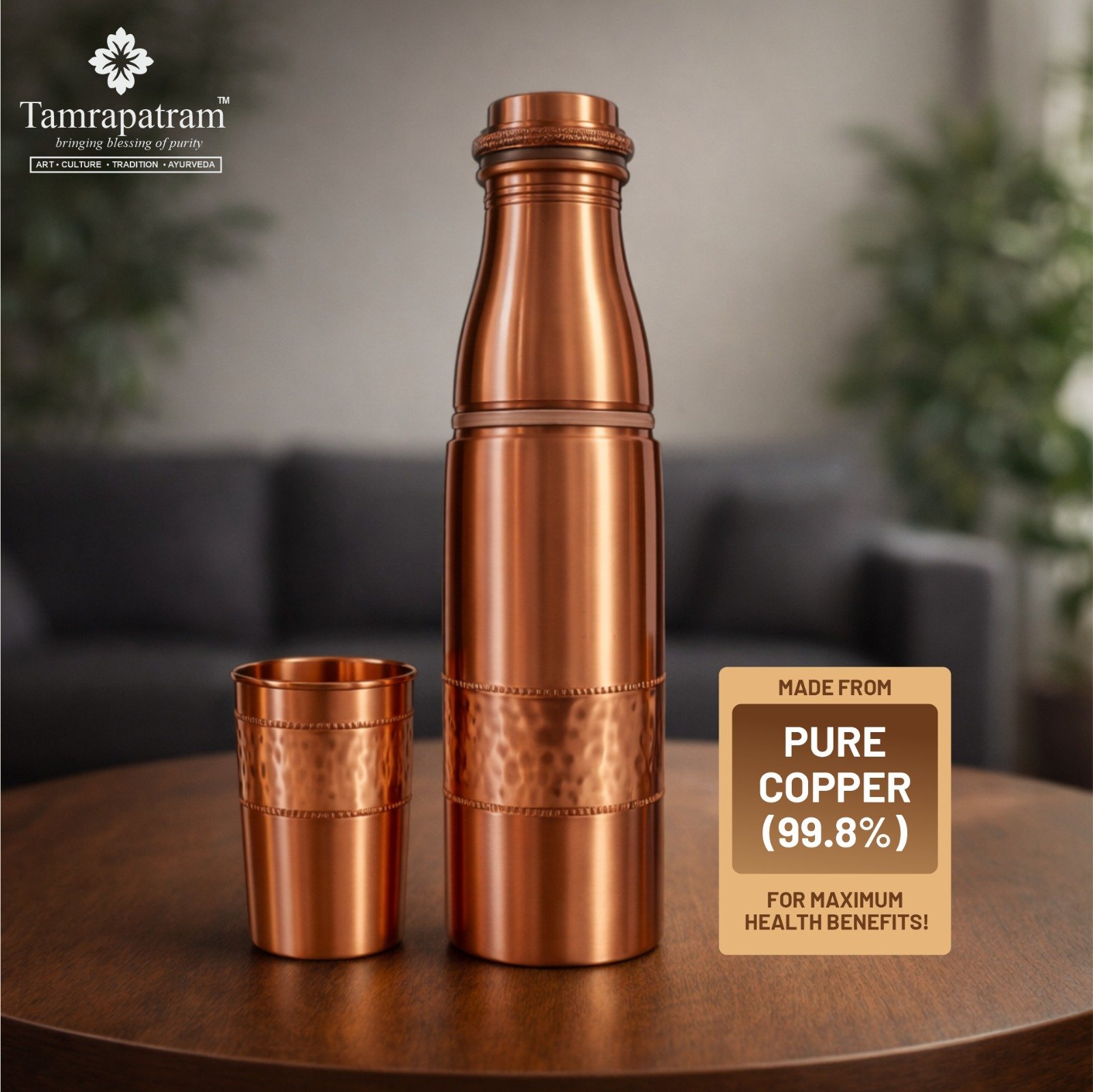 Half Hammered Design Copper Water Bottle 950ml with 1 Copper Glass 200ml