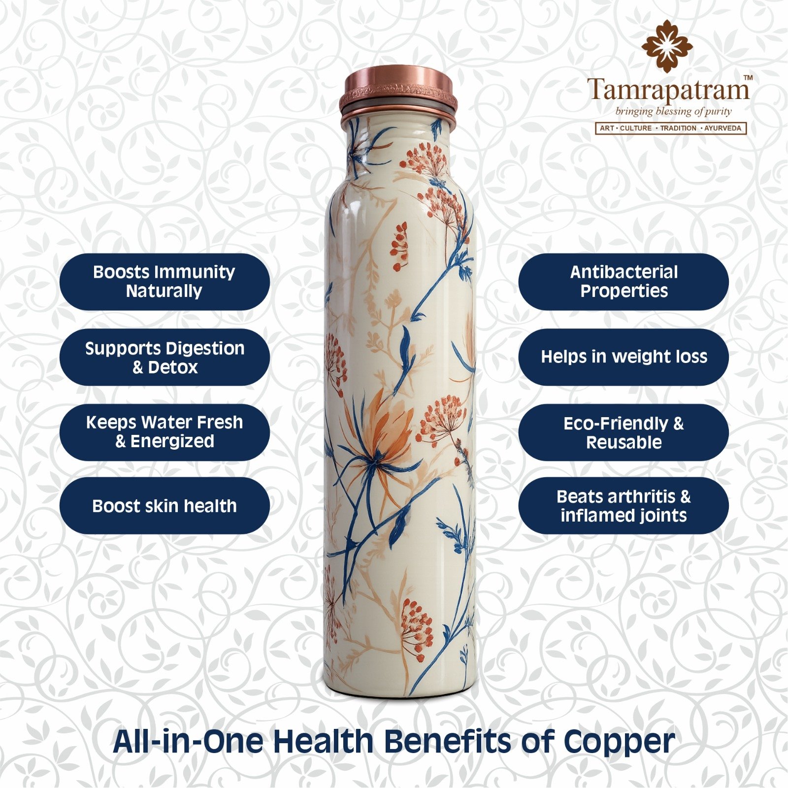 White Meena Printed Antique Copper Water Bottle | Pure Copper Designer Bottle | Leakproof, Durable & Elegant Drinkware | Ayurvedic Wellness image 5