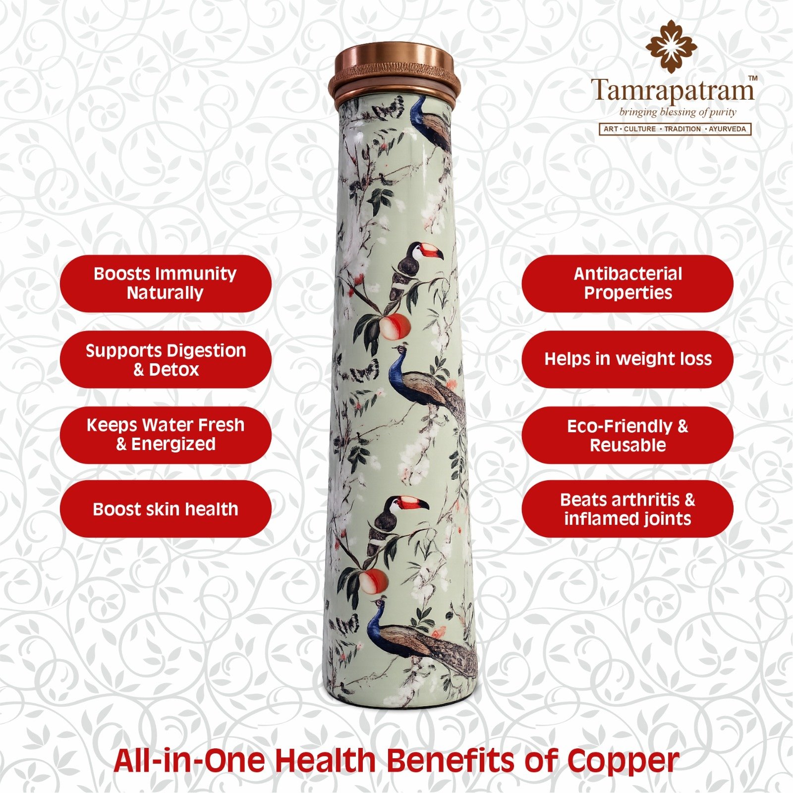 White Meena Printed Antique Tower Copper Water Bottle | Pure Copper Designer Bottle | Leakproof, Durable & Elegant | Ayurvedic Wellness Drinkware image 5