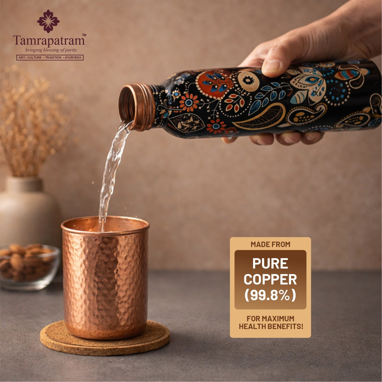 Black Meena Printed Copper Water Bottle 750ml